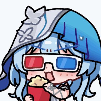1girl 3d_glasses animated animated_gif blue_hair blue_veil chibi chibi_only commentary_request eating food holding holding_food korean_commentary long_hair looping_animation lowres popcorn shorekeeper_(wuthering_waves) slideshow_animation solo two-tone_veil v-shaped_eyebrows veil white_veil wuthering_waves yami_(yami56_u)