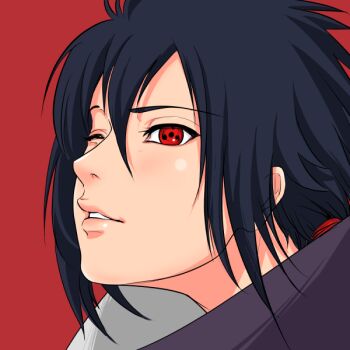 1boy akilaeeee black_hair commentary_request hair_between_eyes male_focus naruto_(series) naruto_shippuuden one_eye_closed parted_lips portrait profile red_eyes sharingan solo uchiha_izuna