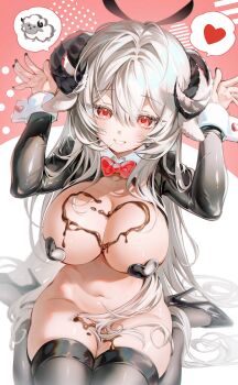 1girl absurdres animal_ears black_nails black_shoes black_shrug black_thighhighs bottomless bow bowtie breasts chocolate chocolate_on_body chocolate_on_breasts chocolate_on_legs cleavage commentary_request commission curled_horns food_on_body grin gyum_(myyyyyon) hair_between_eyes hair_censor hands_up heart heart_pasties high_heels highres horns korean_commentary large_breasts long_hair long_sleeves looking_at_viewer nail_polish navel original partially_visible_vulva pasties rabbit_pose red_eyes reverse_bunnysuit reverse_outfit second-party_source sheep_ears sheep_horns shoes shrug_(clothing) sitting skindentation smile solo spoken_heart stomach thighhighs thighs very_long_hair wariza white_hair wing_collar wrist_cuffs