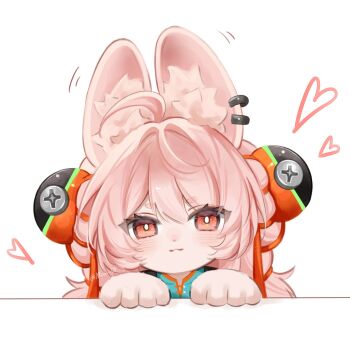 1girl ahoge animal_ear_fluff animal_ear_piercing animal_ears blush braid braided_twintails bright_pupils closed_mouth commentary_request furry furry_female heart highres long_hair looking_at_viewer memi_58 motion_lines pink_fur pink_hair portrait rabbit_ears rabbit_girl red_eyes screw short_eyebrows simple_background solo thick_eyebrows white_background white_pupils zenless_zone_zero zhao_(zenless_zone_zero)
