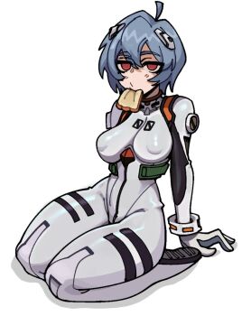 1girl arm_support ayanami_rei blue_hair blush bodysuit bojinko bread bread_slice breasts covered_erect_nipples curvy eating empty_eyes expressionless eyebrows female_focus food full_body leaning_back looking_at_viewer medium_breasts neon_genesis_evangelion no_pupils red_eyes seiza shiny_clothes short_hair simple_background sitting solo white_background white_bodysuit wide_hips
