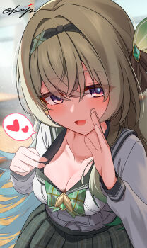 Rule 34 | 1girl, absurdres, bag, black sailor collar, black skirt, breasts, cleavage, collarbone, commentary request, firefly (honkai: star rail), firefly (spring missive) (honkai: star rail), gradient hair, green hair, grey hair, hair between eyes, hair ornament, heart, highres, honkai: star rail, honkai (series), kaju paint, long hair, long sleeves, looking at viewer, multicolored hair, official alternate costume, open mouth, pink eyes, plaid clothes, plaid skirt, sailor collar, school uniform, serafuku, shirt, skirt, smile, solo, speech bubble, spoken heart, thighhighs, white shirt, white thighhighs