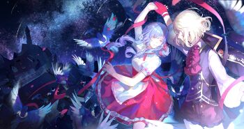 2girls absurdres artist_request aver_(yumenokessho) bang_dream! bang_dream!_it&#039;s_mygo!!!!! bird black_vest blonde_hair blue_hair center_frills chinese_commentary closed_mouth commentary_request commission doloris_(bang_dream!) floating_hair frills highres holding_hands long_hair misumi_uika multiple_girls puffy_short_sleeves puffy_sleeves red_shorts red_skirt second-party_source shirt short_hair short_sleeves shorts sidelocks skirt sky star_(sky) starry_sky sweets_paradise togawa_sakiko vest white_shirt yellow_eyes yumenokessho