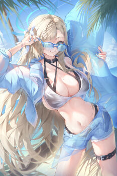 1girl absurdres asuna_(blue_archive) beach bikini black_bikini blonde_hair blue_archive blue_coat blue_eyes blue_halo blue_shorts breasts cleavage coat commentary_request halo highres large_breasts long_hair looking_at_viewer mole mole_on_breast navel norimori one_eye_covered open_clothes open_coat outdoors palm_tree shorts smile solo sunglasses swimsuit thigh_strap tree