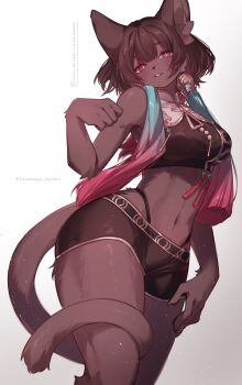 1girl absurdres animal_ear_fluff animal_ears animal_nose aqua_pupils arm_at_side arm_up bare_shoulders black_shorts body_fur breasts brown_fur brown_hair cat_ears cat_girl cat_tail crop_top furry furry_female g-string hair_between_eyes hair_ornament highres kawarage_yatano looking_at_viewer mandarin_collar medium_breasts midriff navel original pink_eyes short_hair shorts smile solo tail tassel tassel_hair_ornament thighs thong white_background