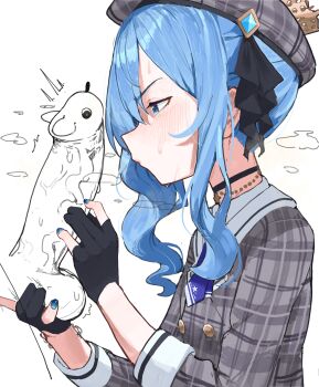 1boy 1girl absurdres beret black_choker black_gloves blue_eyes blue_hair blue_nails blush choker commentary cropped_torso erection gloves grey_hat grey_shirt hat highres hololive hoshimachi_suisei hoshimachi_suisei_(1st_costume) long_hair long_sleeves mirumiruchan partially_fingerless_gloves penis shirt simple_background solo_focus steaming_body testicles virtual_youtuber white_background