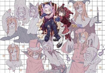 1girl 2025 2boys animal_ear_fluff animal_ears anise_tatlin bandaged_head bandages belt_collar black_gloves black_pants blush candle chainsaw checkered_background collar commentary_request demon_horns dist_(tales) dress frilled_dress frills full_body fur_trim ghost_costume glasses gloves halloween halloween_costume hat highres hitodama holding holding_candle holding_chainsaw hor1_maa horns jade_curtiss long_hair multiple_boys multiple_views mummy_costume open_mouth outstretched_arms pants red_dress red_hat red_hood short_hair sitting spiked_boots standing star_(symbol) tales_of_(series) tales_of_the_abyss torn_clothes torn_pants upper_body wolf_ears zombie_pose