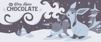 animal_focus breath_weapon bright_pupils closed_eyes commentary_request eevee food_name full_body gen_1_pokemon gen_4_pokemon glaceon grey_theme hot_chocolate ko-yuki-chan nintendo no_humans open_mouth pokemon pokemon_(creature) sitting snow white_pupils winter