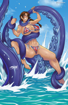 1girl abs ass bikini blue_sky braid breasts brown_hair clenched_teeth darkereve embarrassed forced highres huge_ass imminent_penetration imminent_rape lara_croft large_breasts long_hair moaning ocean octopus shiny_skin side-tie_bikini_bottom single_braid sky spread_legs swimsuit teeth tentacles tomb_raider trapped union_jack union_jack_bikini very_long_hair water wide_hips
