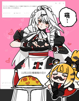 2girls :/ absurdres alternate_breast_size_(larger) alternate_costume alternate_hairstyle andii_(anzai_teachco) animal_ear_fluff animal_ears apron black_border black_bow black_dress black_gloves black_suit blush border bow breasts chair chibi closed_eyes closed_mouth colored_inner_hair commentary_request crossed_legs dress enmaided fake_facial_hair fake_mustache fingerless_gloves food formal_clothes four-finger_heart_hands gloves hair_ornament hair_rings hairpin half-closed_eyes heart heart_hands heart_print highres huge_breasts ju_fufu ketchup_bottle long_hair looking_at_another maid maid_apron maid_headdress multicolored_hair multiple_girls necktie on_chair orange_fur pink_background plate red_necktie round_table shirt single_hair_ring sitting smile speech_bubble striped_fur striped_hair suit table tail tail_bow tail_ornament tiger_ears tiger_girl tiger_stripes tiger_tail twintails v-shaped_eyebrows very_long_hair waist_apron white_apron white_hair white_shirt yellow_eyes yixuan_(zenless_zone_zero) zenless_zone_zero