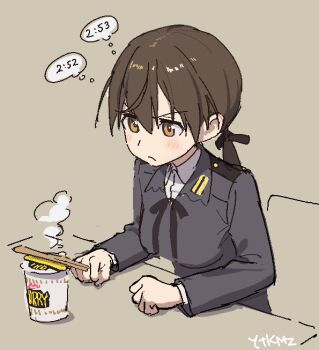 1girl blush brown_eyes brown_hair commentary_request gertrud_barkhorn hair_ribbon long_hair military military_uniform ribbon simple_background solo steam strike_witches twintails world_witches_series yutokamizu