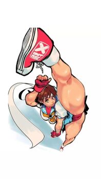 1girl artist_request blue_sailor_collar blue_skirt brown_eyes brown_hair capcom female_focus fingerless_gloves gloves headband highres kasugano_sakura looking_at_viewer panties red_panties sailor_collar sailor_crest school_uniform serafuku shoes short_hair skirt sneakers solo source_request street_fighter street_fighter_zero_(series) thighs underwear upskirt white_headband