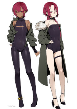 2boys absurdres androgynous bodysuit bulge cleavage_cutout clothing_cutout cowboy_shot dark_skin dress earrings highres jacket jewelry long_hair low_ponytail multiple_boys navel original ponytail red_eyes red_hair short_dress short_eyebrows tawapo thigh_strap trap white_background