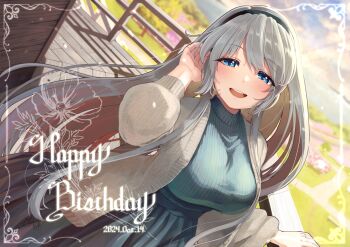 Rule 34 | 1girl, :d, arm up, balcony, black hairband, black skirt, blue sweater, blush, border, breasts, brown hair, byougaku, cardigan, clannad, colored inner hair, dated, day, dutch angle, grey cardigan, grey hair, hairband, hand in own hair, happy birthday, jewelry, large breasts, long hair, long sleeves, looking at viewer, multicolored hair, open cardigan, open clothes, open mouth, outdoors, railing, ring, sakagami tomoyo, skirt, smile, solo, sweater, teeth, two-tone hair, upper teeth only, very long hair, white border