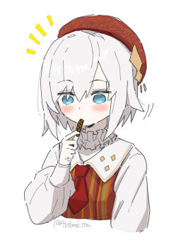 1girl :o ars_almal beret blue_eyes blush brown_hat candy chocolate chocolate_bar collar cropped_torso dress eating food food_in_mouth frilled_collar frills hat highres holding holding_chocolate holding_food long_sleeves necktie nijisanji notice_lines short_hair solo striped_clothes tatami_kami virtual_youtuber white_background white_hair