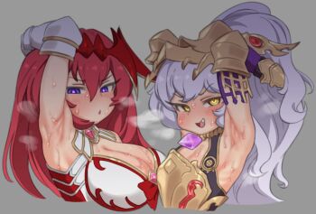 2girls arm_up armor armpits asymmetrical_docking basukechi blush breast_press breastplate breasts dress fang flat_chest gauntlets glowing glowing_eyes godsworn_alexiel grey_hair hair_between_eyes hair_ornament large_breasts medusa_(shingeki_no_bahamut) multiple_girls open_mouth ponytail purple_eyes red_hair red_trim shingeki_no_bahamut smile steam sweat very_sweaty white_dress yellow_eyes