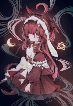 1girl absurdres ahoge animal_ears blunt_bangs blunt_ends blunt_sidelocks brown_headdress closed_mouth crescent doktahzaki dress hair_over_one_eye hairband highres horse_ears horse_girl horse_tail long_hair long_sleeves looking_at_viewer red_desire_(umamusume) red_dress red_hair red_hairband red_headdress sidelocks solo star_(symbol) star_ornament tail umamusume yellow_eyes