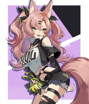 1girl absurdres amillion_(zenless_zone_zero) animal_ear_fluff animal_ears artist_name bangboo_(zenless_zone_zero) bare_shoulders black_ribbon black_shorts border breasts clothing_cutout crop_top cutoffs earrings green_eyes hair_between_eyes hair_ornament hair_ribbon hairclip heart heart_earrings heart_necklace highres jewelry kurimako large_breasts long_hair looking_to_the_side micro_shorts midriff mole mole_on_breast mole_on_thigh mole_under_eye multicolored_nails navel necklace nicole_demara open_mouth pink_background pink_hair pink_tail ribbon shorts shoulder_cutout single_thighhigh solo strapless stuffed_toy sweat teeth thighhighs torn_clothes torn_thighhighs tube_top twintails two_side_up upper_teeth_only white_border white_tube_top zenless_zone_zero