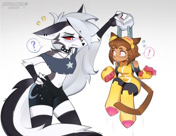 ! 1boy 2girls ? animal_ears animal_nose artist_name bare_shoulders black_bodysuit body_fur bodysuit brown_hair cat_ears cat_girl cat_tail collar colored_sclera commentary crop_top dark-skinned_female dark_skin dress earrings furry furry_female gameoverse gauntlets goggles goggles_on_head grey_fur grey_hair height_difference hellaverse helluva_boss highres jasperalterr jewelry kaboodle_(gameoverse) kit_bodega lifting_person long_hair loona_(helluva_boss) multiple_girls one-eyed pants raised_eyebrow red_eyes red_sclera robot short_hair shorts size_difference sleeveless snout spiked_collar spikes tail thighhighs tight_clothes tight_pants two-tone_fur untranslatable_commentary voice_actor_connection whiskers white_eyes white_fur wolf_ears wolf_girl wolf_tail yellow_dress yellow_gauntlets