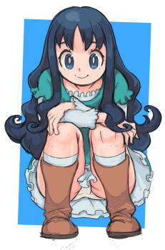 1girl absurdres blue_eyes blue_hair boots brown_boots dress frilled_dress frills green_dress hashtag-only_commentary heartcatch_precure! highres kurumi_erika long_hair long_sleeves okera panties pantyshot precure smile solo squatting underwear white_panties