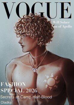 Rule 34 | 1boy, blonde hair, body freckles, character name, chest tattoo, cover, curly hair, freckles, highres, looking to the side, magazine cover, male focus, oladushekcos, percy jackson and the olympians, short hair, solo, sun symbol, sun tattoo, tan, tattoo, toned, toned male, vogue (magazine), william solace