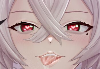 1girl assertive_female azur_lane blush commentary_request crossed_bangs fur_trim gangut_(azur_lane) hair_between_eyes hat heart heart-shaped_pupils highres long_hair looking_at_viewer mikumaushi military_uniform mole mole_under_eye naval_uniform pov red_eyes saliva saliva_trail solo symbol-shaped_pupils tongue tongue_out white_hair white_hat