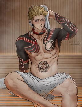 Rule 34 | 1boy, abs, arm tattoo, armpit hair, armpits, blackout tattoo, blonde hair, blush, chest tattoo, commentary, earrings, english commentary, enjin (gachiakuta), gachiakuta, highres, jewelry, leg hair, male focus, nipples, pectorals, pubic hair, pubic hair peek, red tattoo, sauna, short hair, siamelisonn, sitting, solo, steam, stomach tattoo, tattoo, towel, towel on legs, twitter username, undercut, wooden wall, yellow eyes