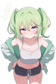 Rule 34 | 1girl, absurdres, armpits, bare shoulders, black shorts, blue eyes, breasts, camisole, closed mouth, collarbone, commentary request, cowboy shot, crop top, dolphin shorts, drawstring, green hair, green jacket, hands on own hips, highres, jacket, korean commentary, leaning forward, long hair, long sleeves, looking at viewer, medium breasts, midriff, multicolored hair, navel, off shoulder, open clothes, open jacket, saho 4545, shirt, short shorts, shorts, simple background, sleeveless, sleeveless shirt, smile, solo, stellive, stomach, streaked hair, sweat, twintails, v-shaped eyebrows, virtual youtuber, white background, white shirt, yuzuha riko