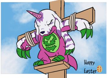 Rule 34 | closed eyes, crucifixion, digimon, digimon (creature), digimon adventure: (2020), horns, psychemon, skull, solo