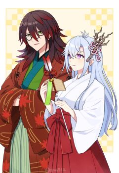 1boy 1girl brown_hair commentary_request couple cyu6712 glasses gradient_hair green_eyes hair_between_eyes hetero japanese_clothes kaguya_(rune_factory) kimono kurama_(rune_factory) long_hair multicolored_hair red_hair rune_factory rune_factory:_guardians_of_azuma wide_sleeves