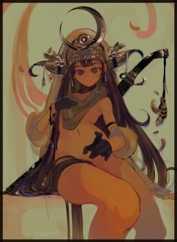 1girl abstract_background absurdres black_gloves brown_eyes brown_hair commentary convenient_censoring crescent crescent_hat_ornament detached_sleeves english_commentary gloves hand_on_own_chest hat_ornament headdress highres light_smile long_hair looking_at_viewer navel nude original polilla scabbard sheath sitting sword sword_on_back tassel very_long_hair weapon weapon_on_back