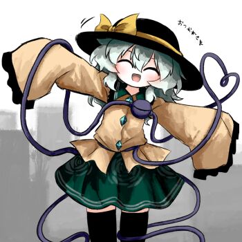 Rule 34 | 1girl, black hat, black socks, black thighhighs, bow, buttons, closed eyes, commentary request, diamond button, eyeball, floral print, frilled shirt collar, frilled sleeves, frills, grave, graveyard, green hair, green skirt, hat, hat bow, hat ribbon, heart, heart of string, heripantomorrow, komeiji koishi, ribbon, rose print, shirt, skirt, sleeves past wrists, smile, socks, solo, thighhighs, third eye, tombstone, touhou, translated, wide sleeves, yellow bow, yellow ribbon, yellow shirt