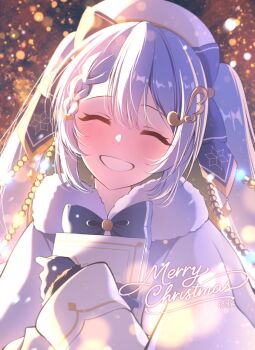 1girl beret blue_bow blue_gloves blurry blurry_background blush book bow braid capelet closed_eyes closed_mouth commentary dress english_commentary fortissimo gloves gold_trim hair_between_eyes hair_ornament hands_on_own_chest hat hatsune_miku holding holding_book long_hair long_sleeves merry_christmas musical_note musical_note_hair_ornament official_alternate_costume official_alternate_hairstyle open_mouth smile snowflake_print twintails upper_body very_long_hair vocaloid white_capelet white_hat yomomo14 yuki_miku yuki_miku_(2021)