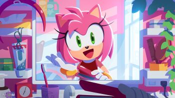 1girl :d amy_rose basket bathroom bracelet child clock comb cup detergent dress eyelashes gloves green_eyes hair_straightener hairband hairbrush hedgehog indoors jewelry karasuno_yui kleenex medium_hair mimikaki official_art open_mouth pink_fur pink_hair plant red_dress sega shampoo_bottle smile soap_bottle sonic_(series) sonic_adventure sonic_channel straight_hair toothbrush toothpaste washing_machine