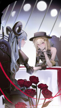2girls absurdres animal_ears arknights ascot bang_dream! bang_dream!_it&#039;s_mygo!!!!! bare_shoulders black_ascot black_dress black_gloves black_hat black_horns black_ribbon blonde_hair blue_hair bouquet chair closed_mouth commentary_request curled_horns dog_ears dog_girl dress flower gloves hair_between_eyes hair_ribbon hand_on_own_chin hat highres holding holding_knife horns kemonomimi_mode knife lingjiu_yuki long_hair looking_at_viewer looking_back medium_hair misumi_uika misumi_uika_(caged_singer) moon_phases multiple_girls on_chair profile purple_eyes red_flower red_rose ribbon rose sidelocks sitting smile table togawa_sakiko togawa_sakiko_(master_of_melodia) watermark weibo_watermark yellow_eyes