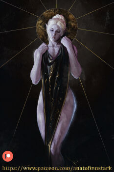 Rule 34 | 1girl, anato finnstark, baldur's gate, baldur's gate 3, black background, blonde hair, closed eyes, collarbone, covering privates, dark elf, dungeons & dragons, elf, facing viewer, feet out of frame, hair bun, hands up, highres, minthara, nude cover, painterly, patreon logo, patreon username, pelvic curtain, pointy ears, realistic, short hair, single hair bun, solo, standing, watermark, web address