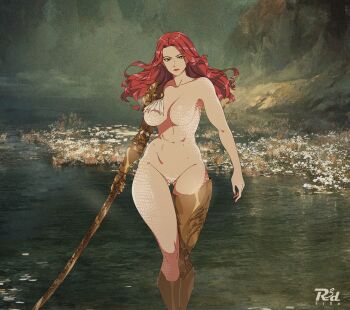 1girl amputee artist_logo breasts elden_ring flower gluteal_fold golden_sword highres holding holding_sword holding_weapon large_breasts logo long_hair looking_at_viewer malenia_blade_of_miquella malenia_goddess_of_rot mechanical_arms navel no_nipples no_pussy nude prosthesis prosthetic_arm prosthetic_leg r3dfive red_hair single_mechanical_arm solo sword triple_amputee water weapon white_flower yellow_eyes