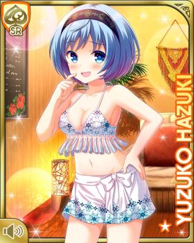 1girl bare_arms bare_legs barefoot blue_eyes blue_hair bra card character_name day girlfriend_(kari) hazuki_yuzuko indoors midriff navel official_art open_mouth qp:flapper short_hair shorts smile solo spa standing tagme underwear white_bra white_shorts