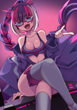 1girl aqua_eyes ass bare_shoulders borokuro braid breasts bright_pupils cleavage collarbone commentary_request crossed_legs elbow_gloves fangs fingerless_gloves fingernails gen_7_pokemon gloves highres jacket long_hair long_sleeves midriff naganadel nail_polish nintendo open_clothes open_jacket open_mouth personification pink-framed_eyewear pink_hair pink_nails pokemon purple_gloves purple_hair purple_jacket shiny_skin single_braid sitting smile solo teeth ultra_beast upper_teeth_only white_hair white_pupils