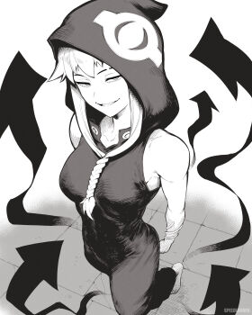 1girl absurdres arrow_(symbol) artist_name barefoot black_jumpsuit braid breasts feet front_braid highres hood hoodie jumpsuit large_breasts looking_at_viewer medusa_gorgon monochrome sleeveless sleeveless_hoodie smile snake_armband soul_eater speedl00ver