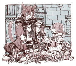Rule 34 | 1boy, 1girl, :o, animal ears, cat ears, cat tail, final fantasy, final fantasy xiv, flour, holding, itowo (itowc), lalafell, miqo&#039;te, mortar (bowl), pants, pestle, red eyes, red hair, scarf, sitting, smile, sparkling eyes, tail, tail raised, vial, warrior of light (ff14)