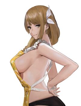 1girl apron backless_outfit black_panties braid breasts brown_eyes brown_hair earrings female_focus fire_emblem fire_emblem_engage goldmary_(fire_emblem) hair_ribbon highres j@ck jewelry large_breasts long_hair looking_at_viewer matching_hair/eyes nearly_naked_apron nintendo panties ribbon sideboob smile solo tying_apron underwear upper_body white_ribbon