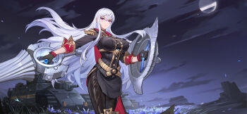 1girl absurdres black_gloves breasts epaulettes flower gloves highres holding holding_polearm holding_shield holding_weapon kuro_j lance large_breasts long_hair military military_uniform military_vehicle moon motor_vehicle night night_sky pale_skin petals polearm purple_eyes selvaria_bles senjou_no_valkyria senjou_no_valkyria_(series) senjou_no_valkyria_1 shield sky solo standing tank weapon white_hair