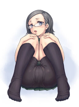 10s 1girl bike_shorts bike_shorts_under_skirt black_hair black_socks blue_eyes blush feet female_focus glasses gogatsu_no_renkyuu hair_ornament hairclip hugging_own_legs katsura_kotetsu kneehighs looking_at_viewer open_mouth panties_under_bike_shorts semi-rimless_eyewear shorts shorts_under_skirt side_part sitting socks solo under-rim_eyewear witch_craft_works