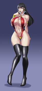 1girl absurdres armband black_hair blue_eyes boots breasts cleavage devil-v earrings female_focus high_heel_boots high_heels highres huge_breasts jewelry nail_polish slingshot_swimsuit solo swimsuit thigh_boots thighhighs vampire vampirella vampirella_(character)