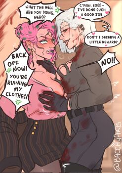 2girls ass bacchyarts black_sclera blood blood_on_clothes blood_on_face blush breasts colored_sclera diavolo english_text female_focus genderswap genderswap_(mtf) gloves grabbing_another&#039;s_breast groping highres jojo_no_kimyou_na_bouken large_breasts long_hair makeup multiple_girls pink_hair red_eyes risotto_nero shirt skirt speech_bubble thick_thighs thighs tongue tongue_out trembling undressing vento_aureo yuri