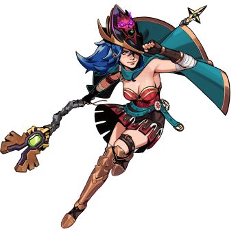 1girl absurdres armor armored_boots bandaged_arm bandaged_leg bandages belt belt_buckle blue_hair boots breasts brown_skirt buckle cape chain commentary commission dang_(runescape) duellist&#039;s_cap_(tier_6) english_commentary fingerless_gloves fire full_body gladiator gloves glowing_hat gold_chain gold_trim green_belt green_cape hat highres holding holding_staff lara_jenn leotard long_hair mage_staff medium_breasts old_school_runescape orange_eyes original purple_fire red_leotard runescape second-party_source skirt smile solo staff staff_of_armadyl_(runescape) standing sun_symbol thick_eyebrows transparent_background weapon yellow_eyes