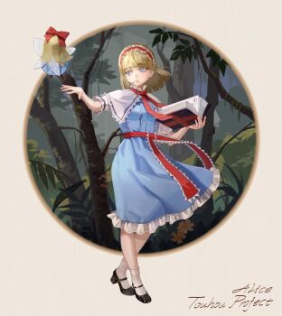 1girl absurdres alice_margatroid bing_guo blonde_hair blue_dress blue_eyes blush book bow capelet doll dress forest frilled_hairband frilled_sash frills grimoire grimoire_of_alice hair_bow hairband hat highres jewelry lolita_hairband long_hair nature open_mouth puppet_rings puppet_strings red_hairband ribbon ring sash shanghai_doll short_hair smile touhou white_capelet witch_hat