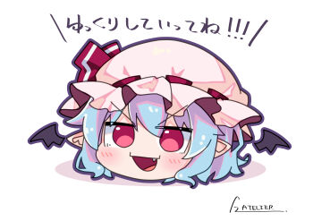 Rule 34 | 1girl, absurdres, artist name, bat wings, blue hair, blush, commentary request, detached wings, fang, gomatti2305, hat, hat ribbon, highres, looking at viewer, mob cap, open mouth, pink hat, pointy ears, red eyes, red ribbon, remilia scarlet, revision, ribbon, ribbon-trimmed headwear, ribbon trim, signature, simple background, solo, touhou, v-shaped eyebrows, white background, wings, yukkuri shiteitte ne