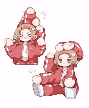 &gt;_&lt; 1girl :&lt; absurdres alternate_costume arms_on_head arms_up arrow_(symbol) bad_id bad_twitter_id blush brown_eyes brown_hair closed_mouth commentary_request cropped_legs deformed exercising extra_arms fang fingernails hair_ornament hands_on_own_feet highres hood hood_down hooded_jacket jacket long_sleeves looking_at_viewer medium_hair motion_lines multiple_views nikamoka no_sclera open_clothes open_jacket open_mouth original pants red_jacket red_pants shirt shoes short_eyebrows simple_background sitting sneakers stretching thick_eyebrows track_jacket track_pants track_suit white_background white_footwear white_shirt
